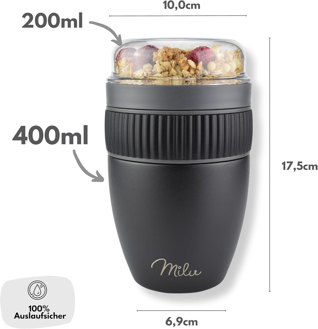 Milu Müslibecher to go 400ml I isolierter Edelstahl Joghurtbecher für Müsli I auslaufsicherer Becher