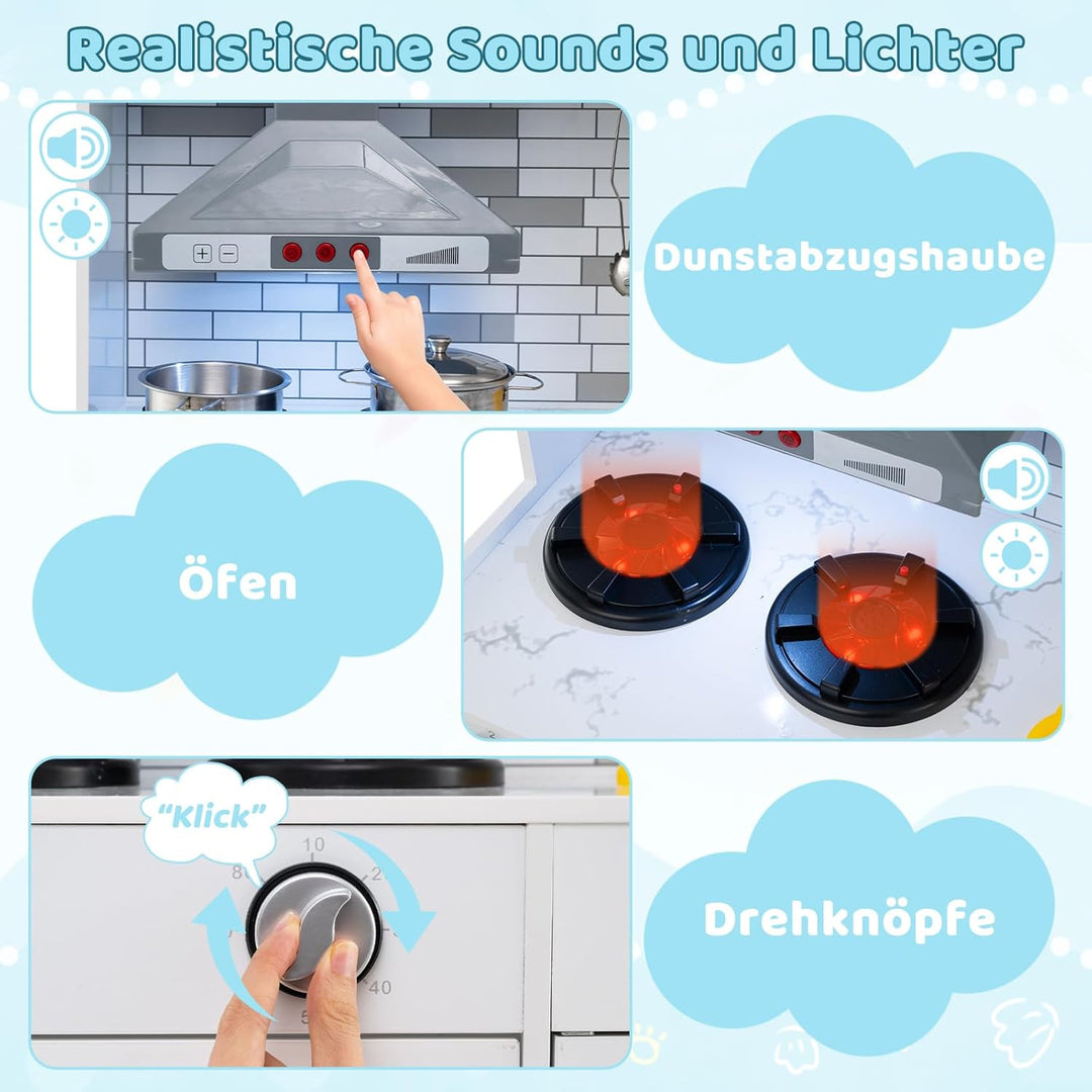 DREAMADE Kinderküche aus Holz mit 18 TLG. Zubehör, Spielküche mit Licht und Sound, Herd, Spüle, Kühl