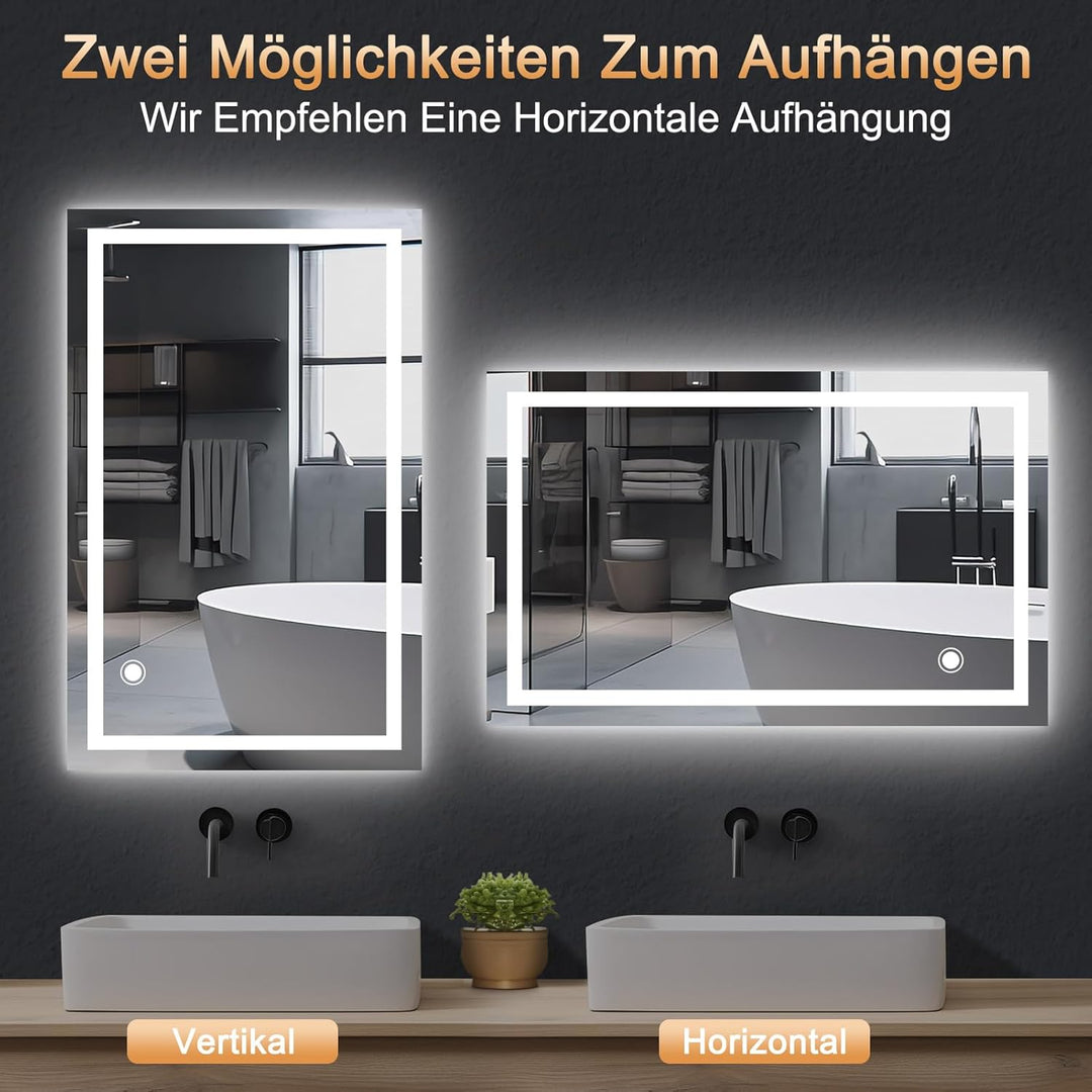 AllRight Badspiegel mit Beleuchtung 70x50cm | LED Spiegel | IP54 Wassergeschützt | Touch-Steuerung |