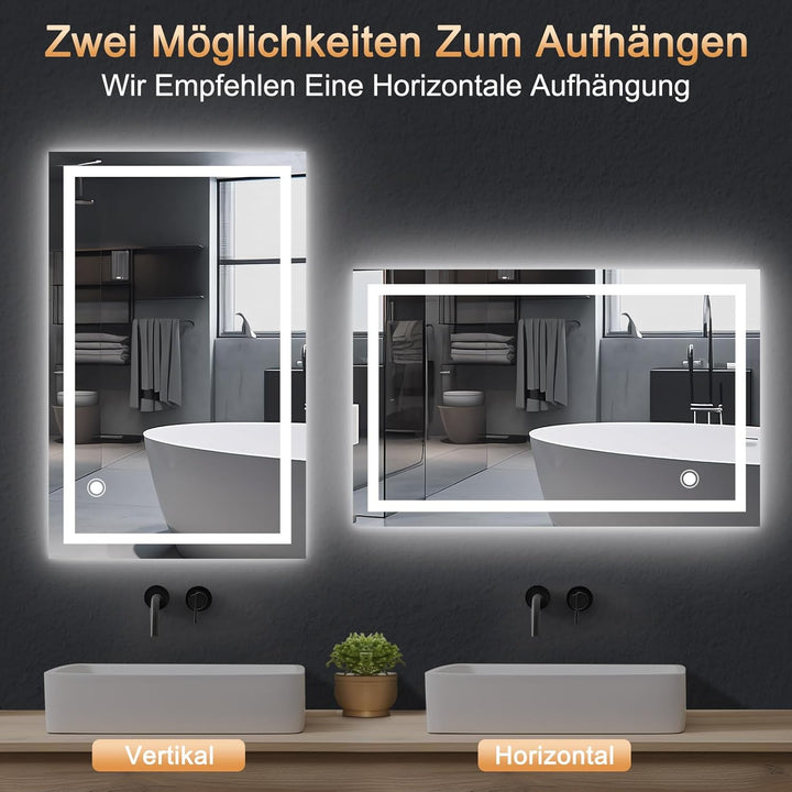 AllRight Badspiegel mit Beleuchtung 70x50cm | LED Spiegel | IP54 Wassergeschützt | Touch-Steuerung |