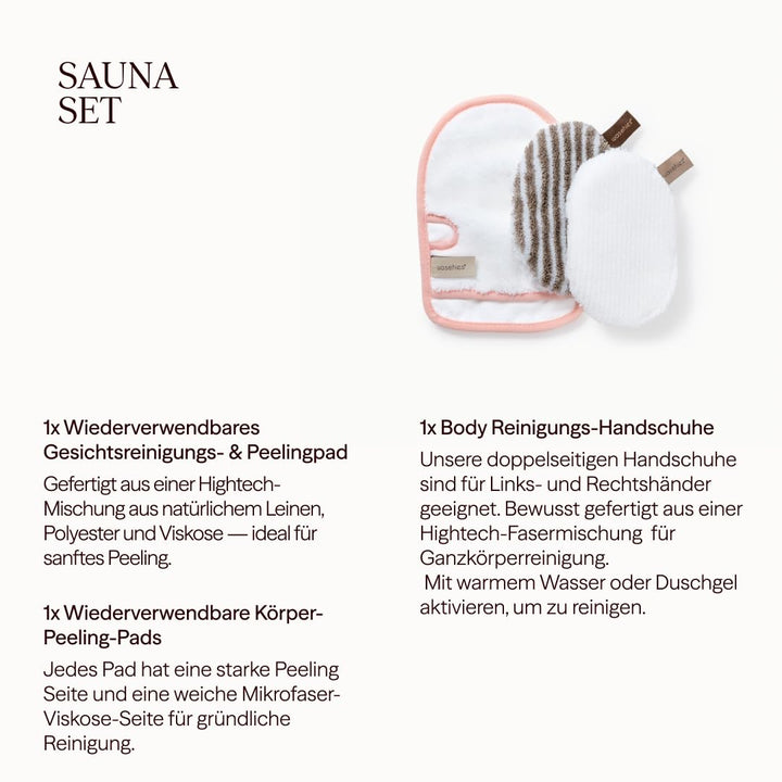 Waschies 3-tlg. Sauna Set – 1 Reinigungshandschuh, 1 Körperreinigungs- & peelingpad und 1 Gesichtsre