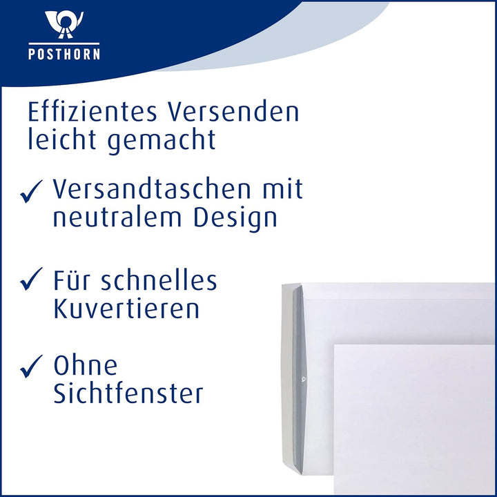 POSTHORN Versandtasche B4 (250 Stück) - 353 x 250 x 1mm - 120g/m² | haftklebende Versandtaschen ohne