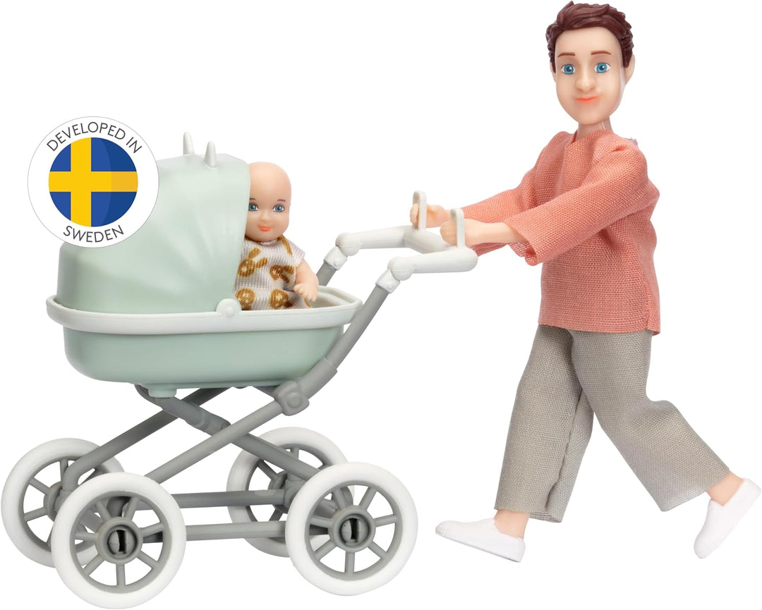 Lundby Puppenhaus Puppen - Puppe Puppenhaus Papa mit Biegepuppe Baby und Miniatur Kinderwagen - Pupp