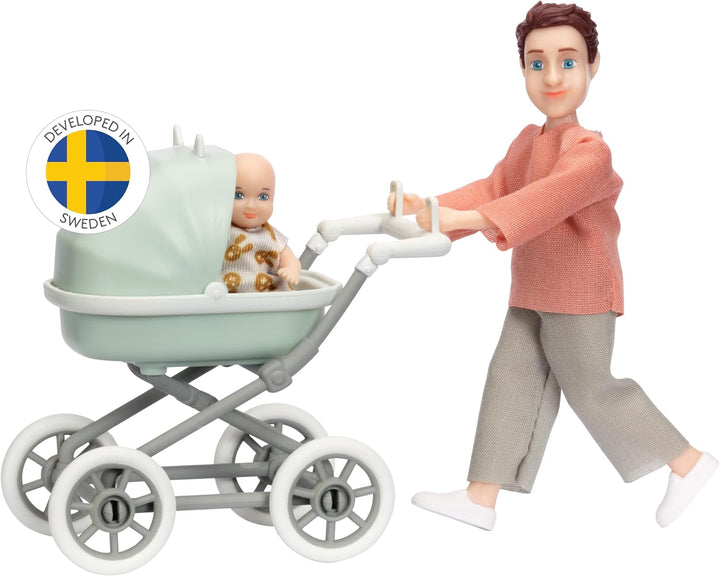 Lundby Puppenhaus Puppen - Puppe Puppenhaus Papa mit Biegepuppe Baby und Miniatur Kinderwagen - Pupp