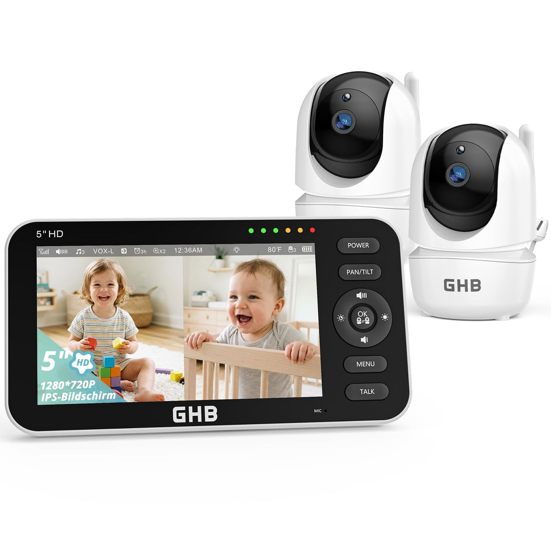 GHB Babyphone mit 2 Kameras 5 Zoll 720P HD Display mit bis zu 168h Akkulaufzeit im VOX Schlafmodus S