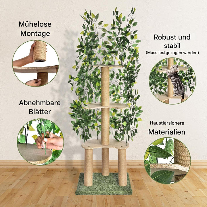kratzbaums Mit Blättern Aus Holz – Grosser Mehrstöckiger Katzenkratzbaum Mit Sisal-Säulen, Natürlich