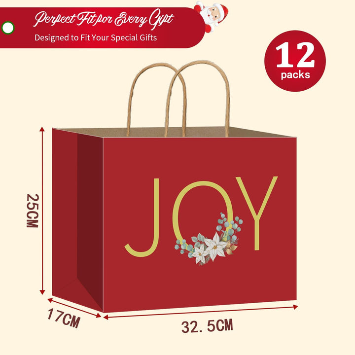 DECHISY 12 Stück Geschenktüten Weihnachten Gross, Papiertüten mit Griffen, Weihnachtstüten mit 4 Des