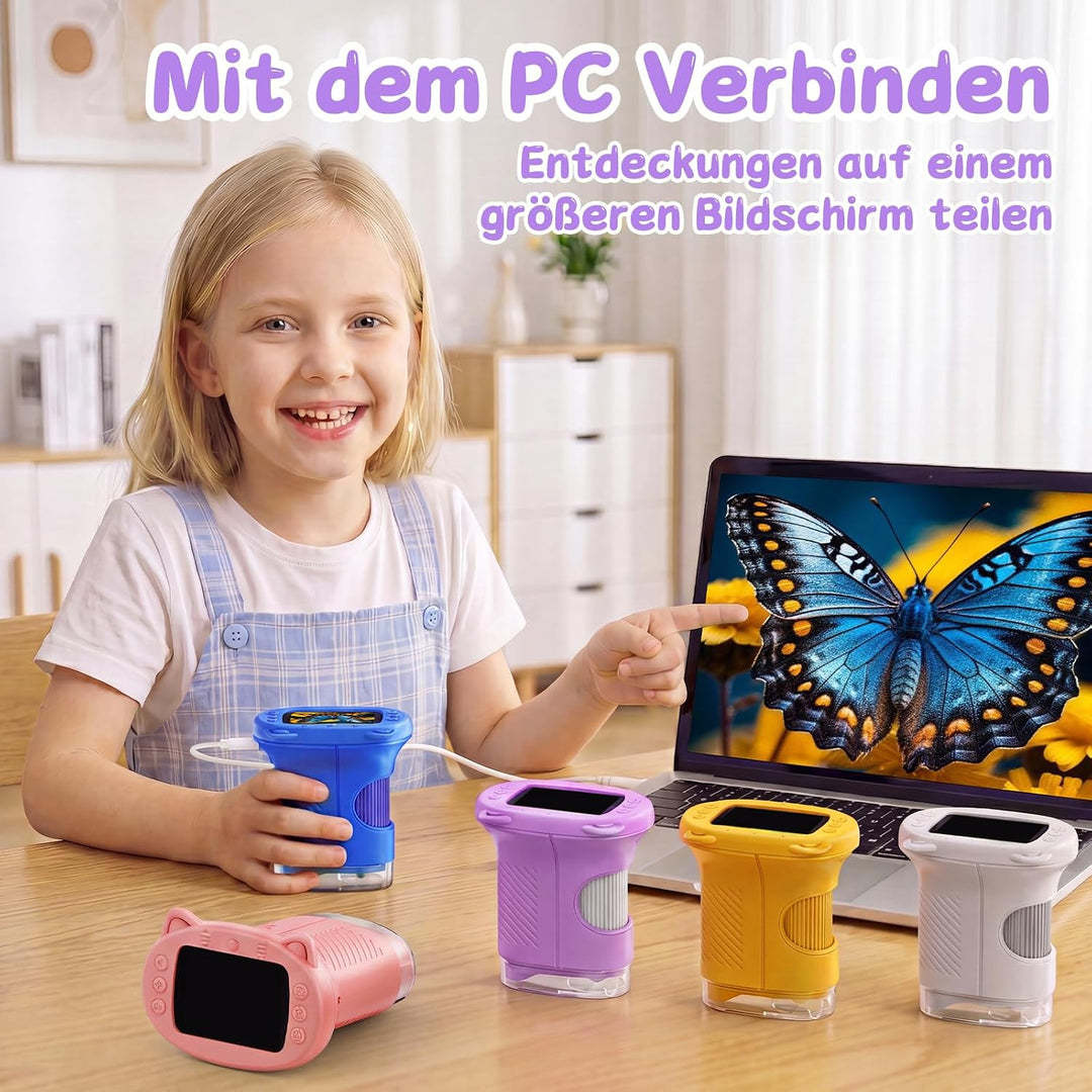 Tragbares Mikroskop für Kinder, 1000x Digitales Handmikroskop Kinder mit 2,4 Zoll IPS Bildschirm, Fo