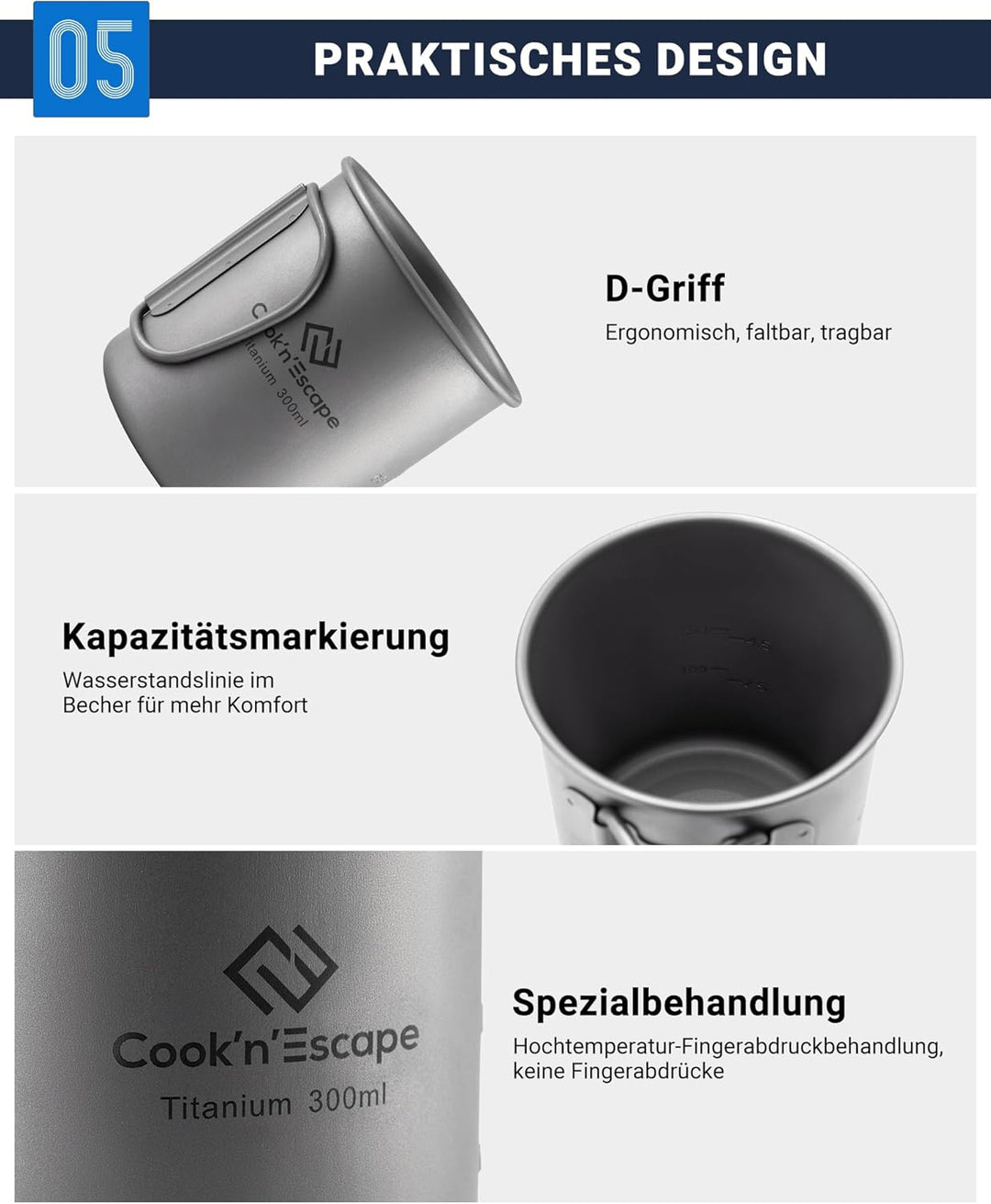 COOK'N'ESCAPE Titan 300ml Camping Tasse Becher Open Fire Kochausrüstung mit faltbaren Griffen für Ou