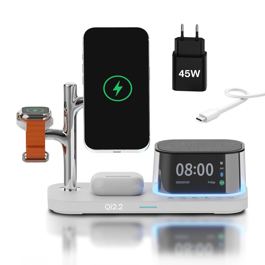 Kabellose Ladestation 5-in-1 mit Wecker, Bluetooth-Lautsprecher & LED-Nachtlicht für MagSafe von MMO