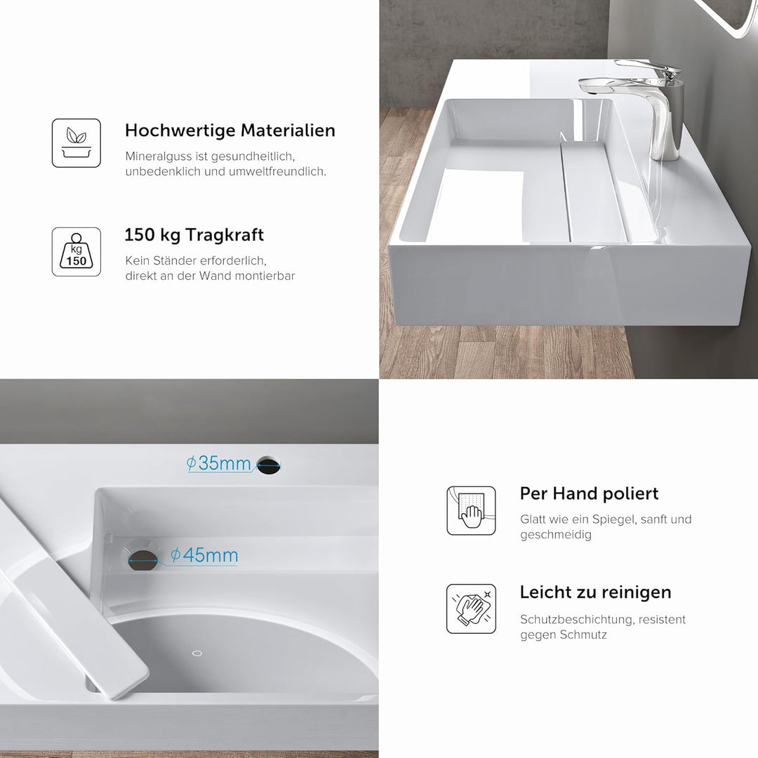 doporro Waschbecken Waschtisch 75x43x14 cm mit verstecktem Ablauf in weiss aus Mineralguss als Aufsa