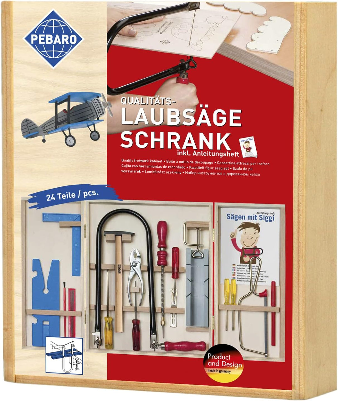 Pebaro 407 Qualitäts-Laubsägeschrank, 24 Teile, komplettes Set im Holzschrank, Stahlwerkzeuge, Laubs