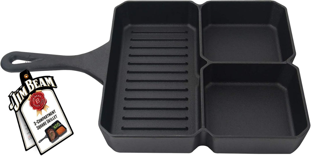 Jim Beam Gusseisenpfanne 3-in-1 - viereckige Pfanne mit drei Kammern für Fleisch, Gemüse, Saucen - S