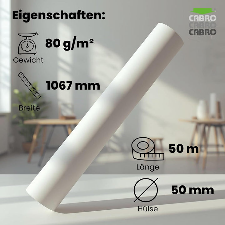CABRO 501067-50 Qualitäts-Plotterpapier, 6 Rollen, 80 g, 1067 mm x 50 m, Ideal für Pläne, Cad-Skizze