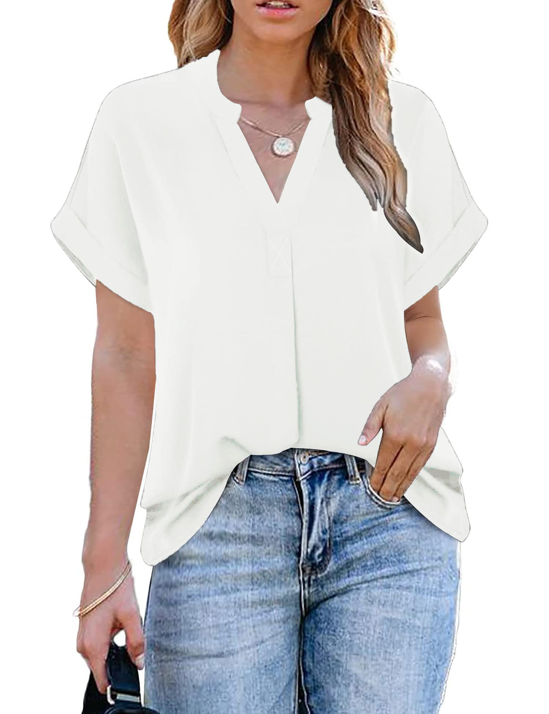 ANCAPELION Damen Elegant Bluse Casual Chiffon Bishop Langarm Rundhals Tunika