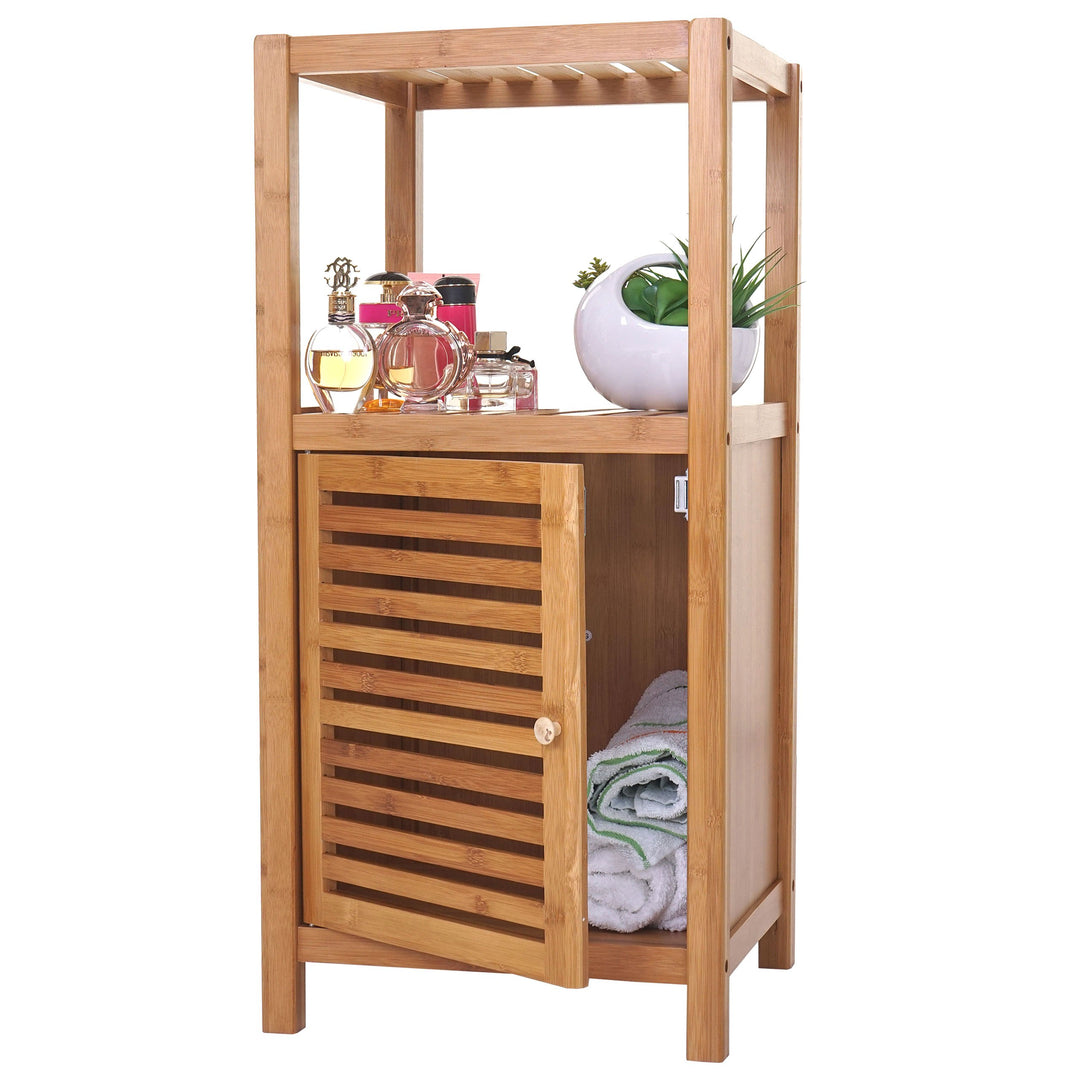 Mendler Badregal HWC-B18, Badezimmer Badschrank Standregal mit Tür, Bambus - 80x36x34cm, 80x36x34cm