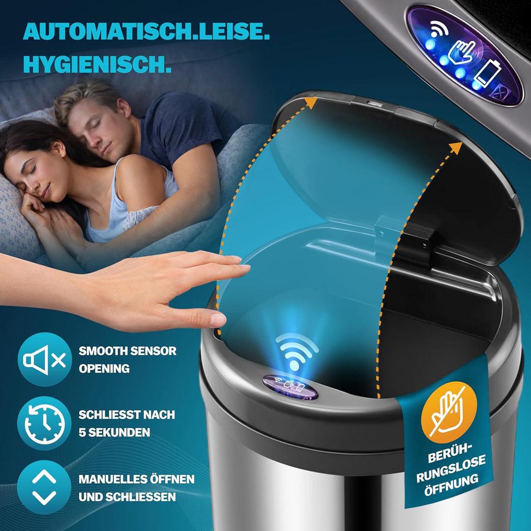 Monzana® Mülleimer Küche mit Deckel Sensor 30L Edelstahl USB Ladekabel Berührungslos Hygienisch Papi