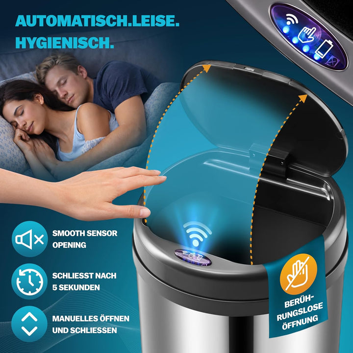 Monzana® Mülleimer Küche mit Deckel Sensor 30L Edelstahl USB Ladekabel Berührungslos Hygienisch Papi