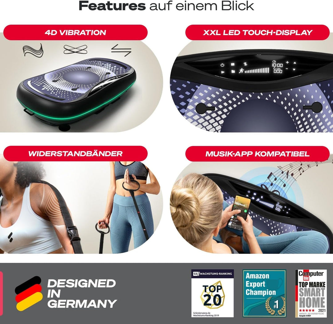 Sportstech 4D Premium Vibrationsplatte | Smart LED I 3 leise Motoren INext-Level Training mit Workou