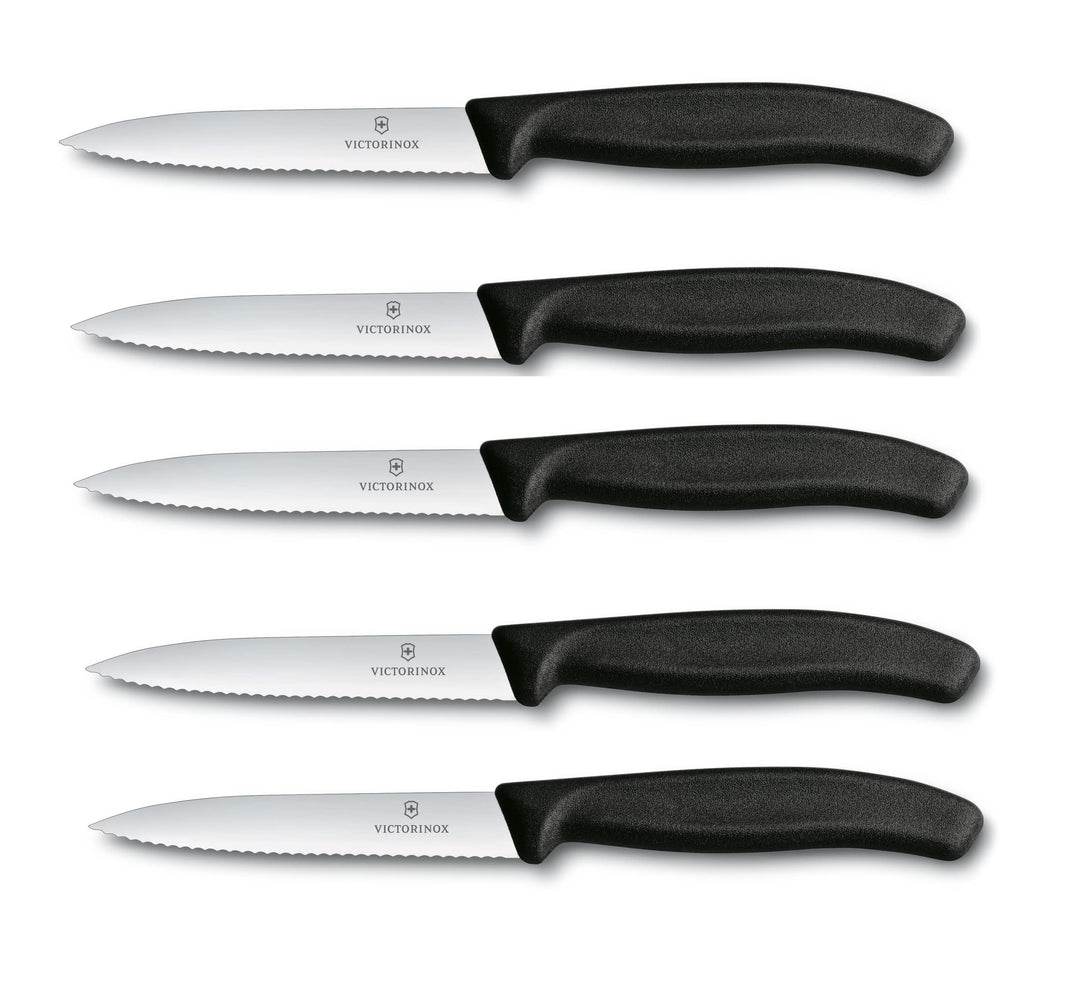 Victorinox 5-tlg Gemüsemesser Set Swiss Classic Schwarz – 10 cm mit Wellenschliff – Tomatenmesser 5e