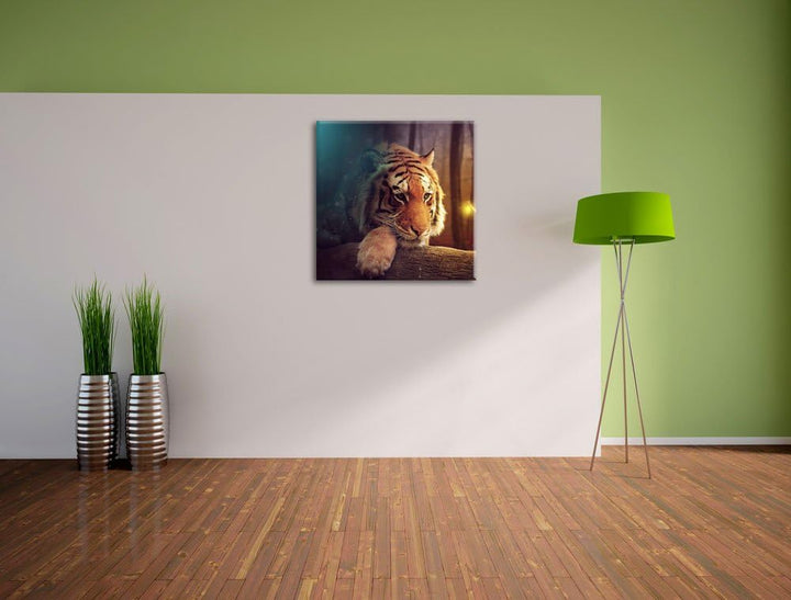 Pixxprint EIN Fantasy-Welt - eine Frau und EIN Riesen-Tiger, Format: 70x70 auf Leinwand, 70x70
