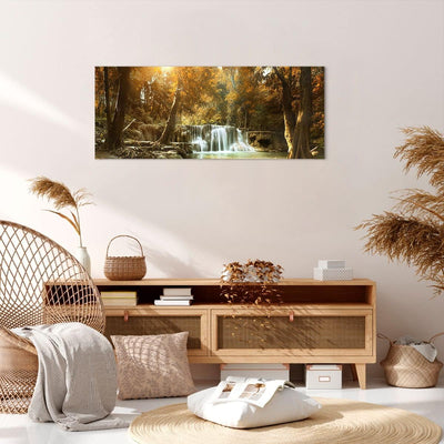 Panorama Bilder auf Leinwand 100x40cm Leinwandbild Park Wasserfall Wasser Gross Wanddeko Bild Schlaf