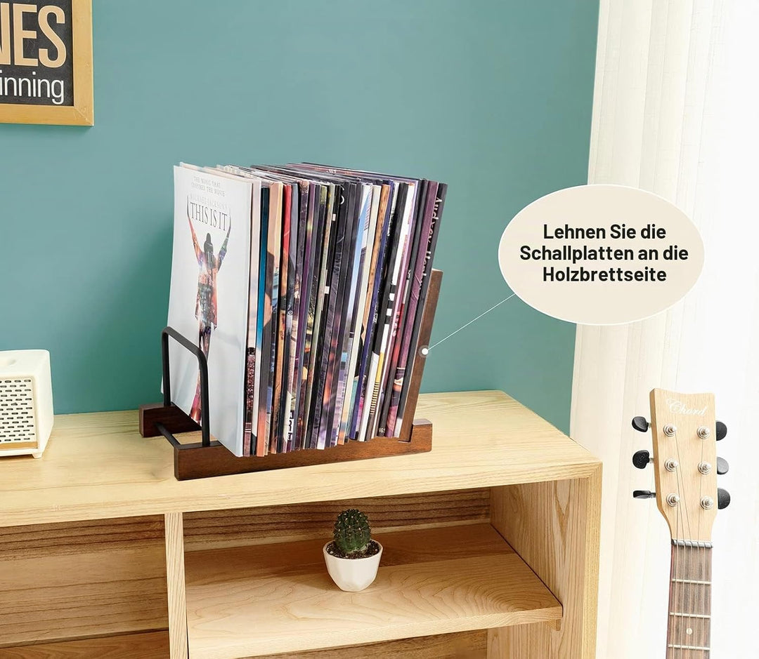 Mkono Vinyl Aufzeichnung Aufbewahrungshalter Massivholz Ständer mit schwarzem Metall Rack Modern Alb