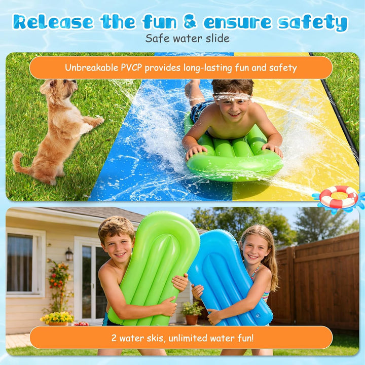 Wasserrutsche Garten für Kinder, 15.8ft/480cm Wasserrutschmatte mit 2 Bodyboards, Aufblasbare Wasser