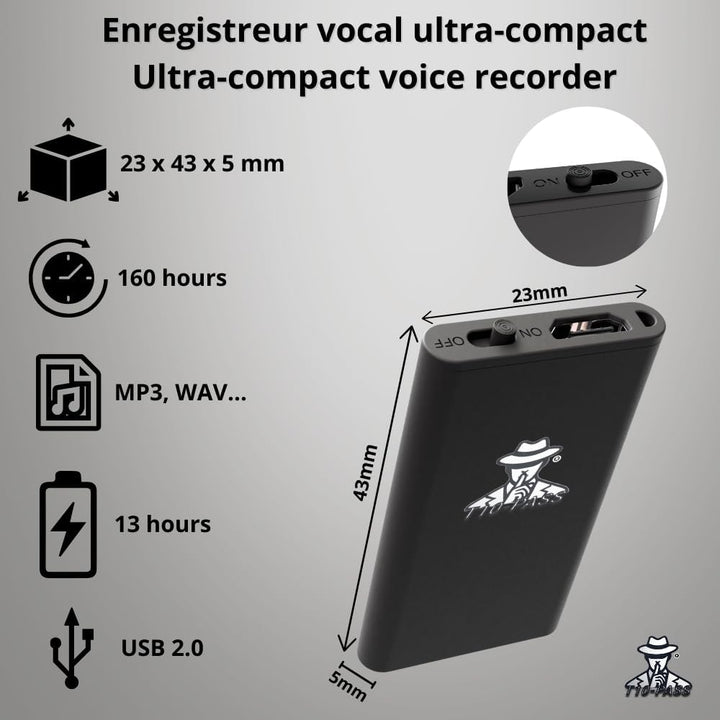 T10-PASS Mikro-Spionagegerät – Der kleinste ultra-kompakte Sprachrekorder (4 x 2 cm, 5 mm dick) – di