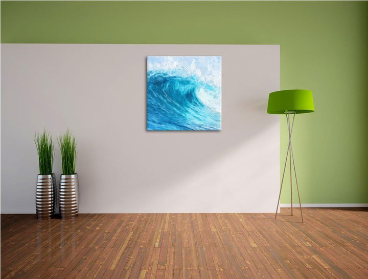 Pixxprint Welle in Meeresbucht Strand Steine, Format: 70x70 auf Leinwand, 70x70