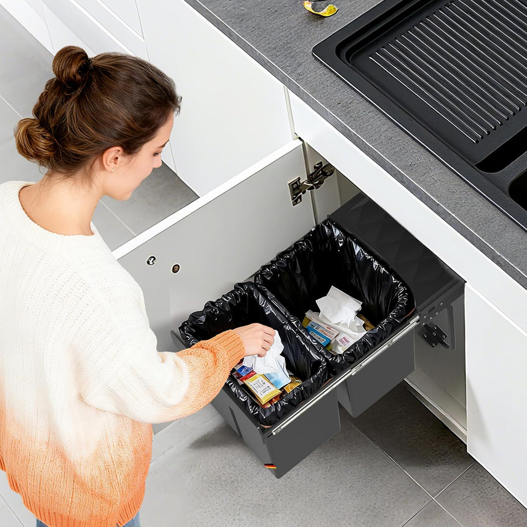 Huracan Mülleimer Küche Unterschrank Ausziehbar 40L, Mülleimer 2 Fächer, Mülltrennsystem Küche, Einb