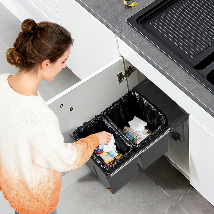 Huracan Mülleimer Küche Unterschrank Ausziehbar 40L, Mülleimer 2 Fächer, Mülltrennsystem Küche, Einb