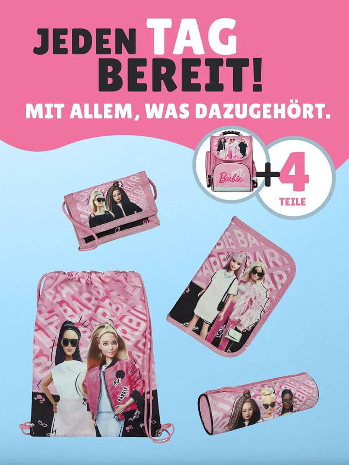 Familando - Schulranzen Set CLOU - 5-teilig mit Federmappe - Barbie - Ergonomisch, stabil & mit gepo