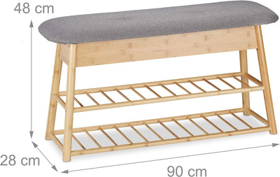 Relaxdays Schuhbank f. 8 Paare, 2 Ablagen, klappbares Sitzpolster, 2 Fächer Stauraum, Bambus, HBT 48