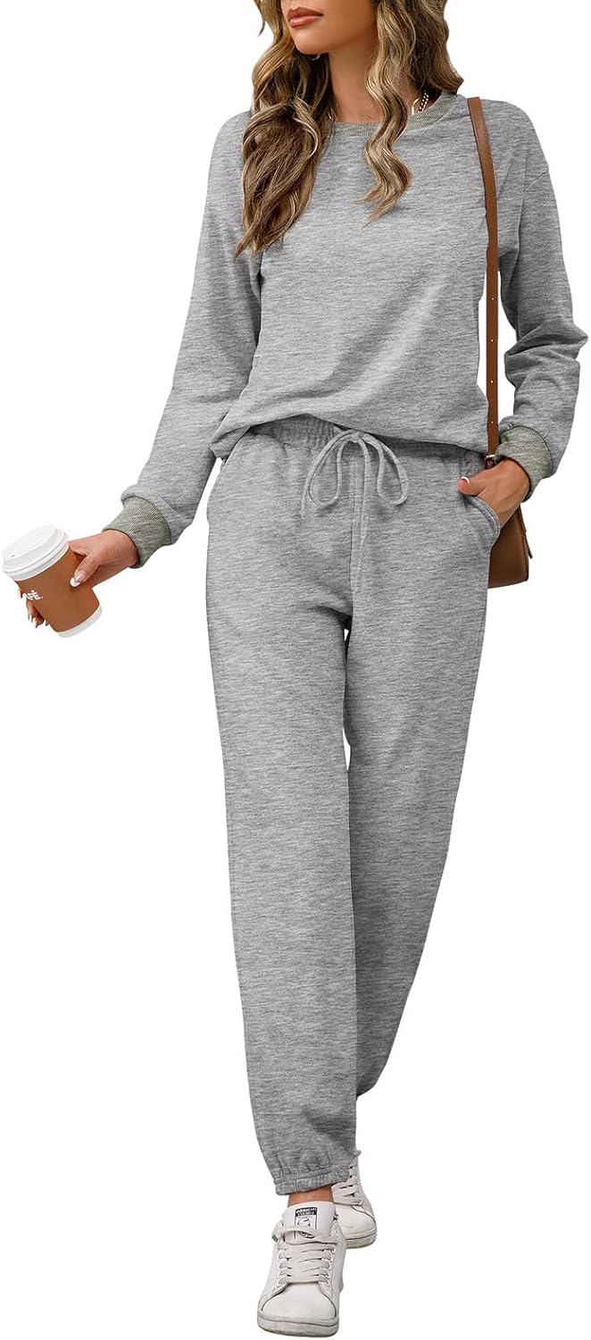 REORIA Damen Tracksuit Langarm Rundhalsausschnitt Einfarbig Zweiteiler Outfit Hoodie Jogger Training