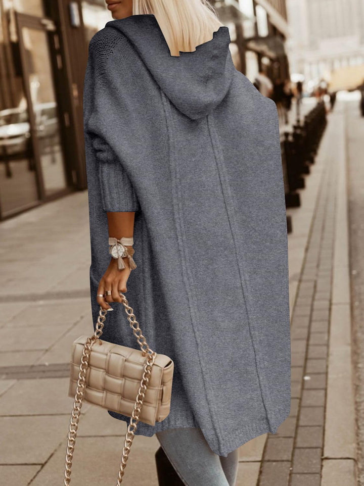 Tongmingyun Strickjacke Damen Lang Cardigan mit Kapuze Winter Grobstrickjacke Casual Lose Strickmant