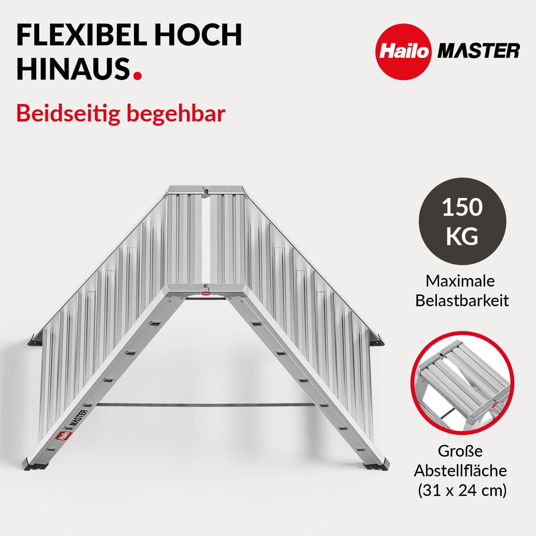 Hailo Master D100 Aluminium Doppelstufenleiter – beidseitig begehbare Stufenleiter - breite Rutschhe