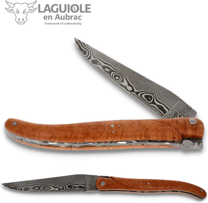 Laguiole en Aubrac Messer 12 cm - Griffschalen Bruyère plein manche - Zisellierte Platine - Damastkl