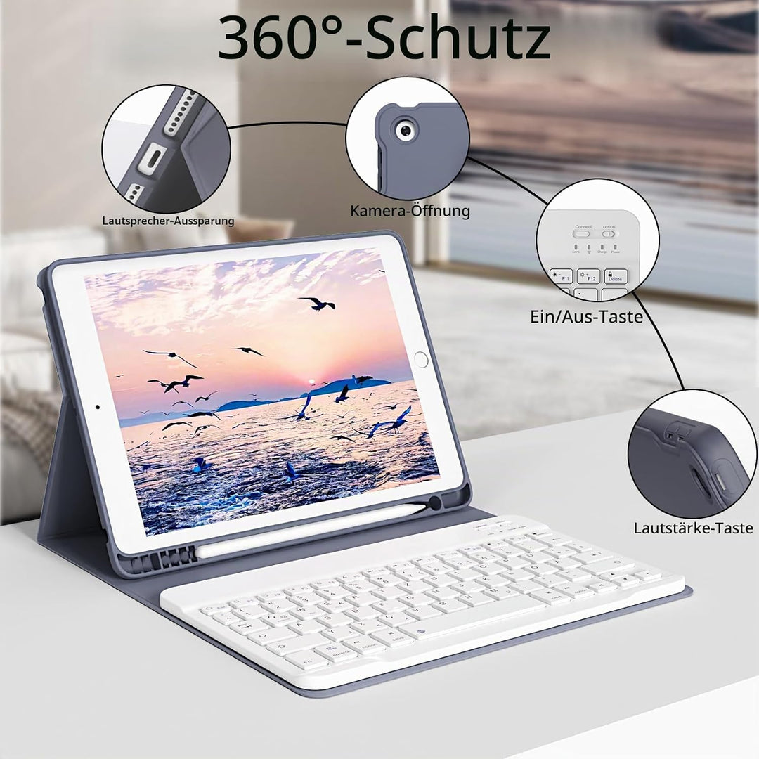 hülle mit Tastatur für iPad 9/8/7 Generation (2021/2020/2019) 10,2 Zoll, weiche TPU-Rückseite mit St