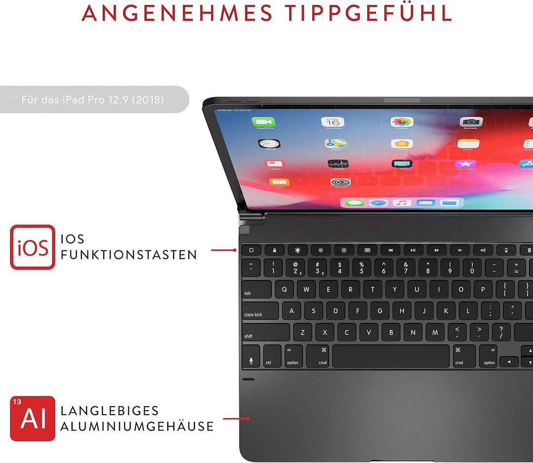 BRYDGE 12.9 Pro, Hochwertige Bluetooth Tastatur aus Aluminium, deutsches Layout QWERTZ, für das iPad