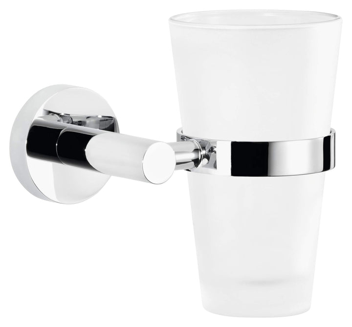 tesa EXXCELLENT Zahnputzbecher mit Halterung - Becher aus Milchglas, verchromte Wandhalterung - zur