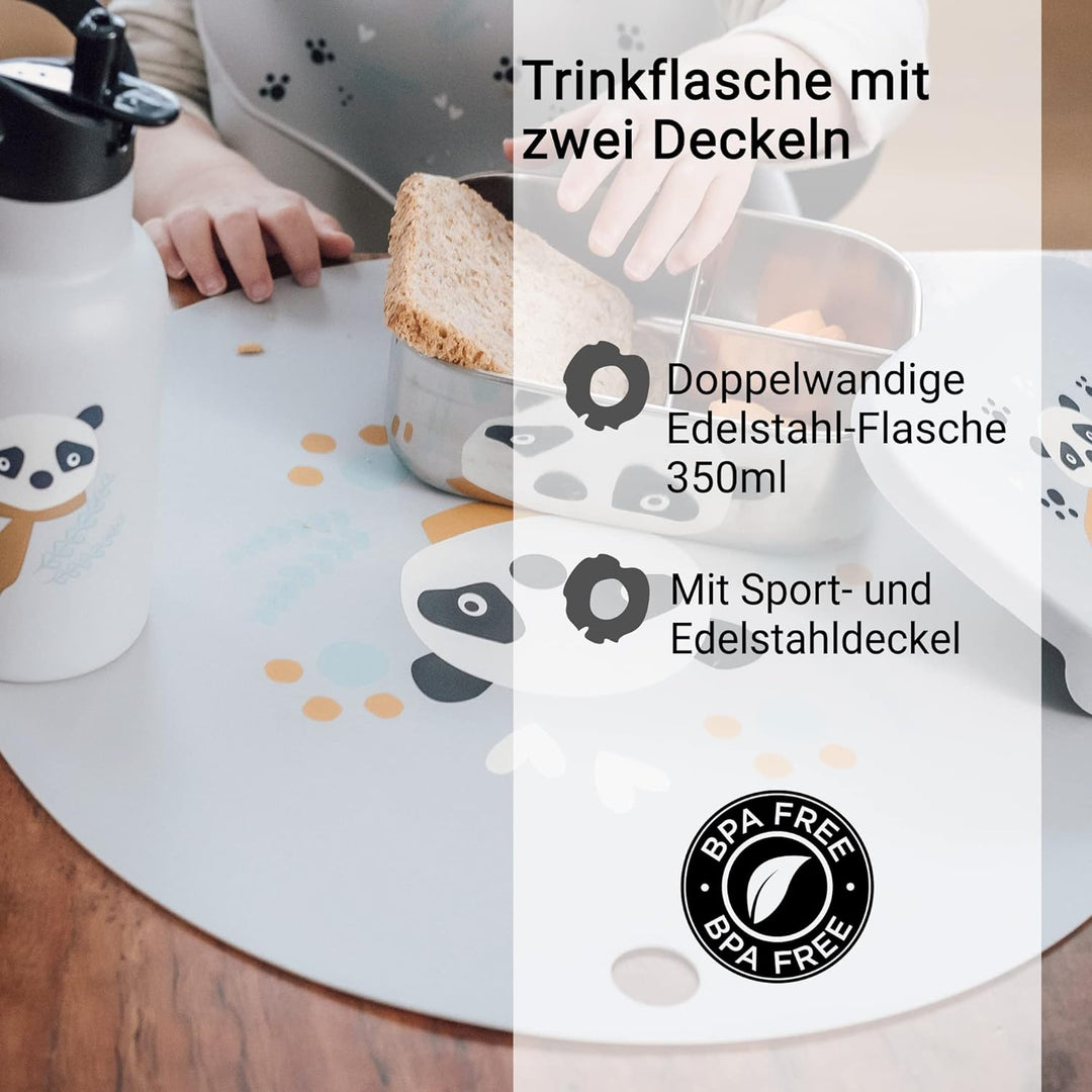 kikadu Trinkflasche Panda Silber Grau - Kindergeschirr, BPA-frei, mit niedlichen Aufdrucken, Fassung