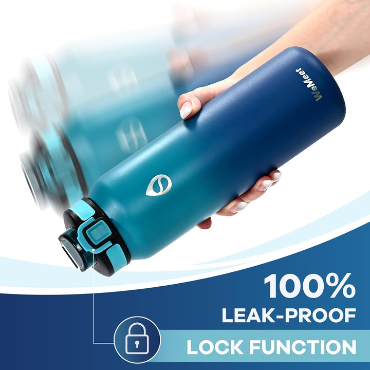 WEMEET 1000ml Thermosflasche Edelstahl, Auslaufsicher Isolierte flasche mit Strohhalm &amp; 2 Deckel, id