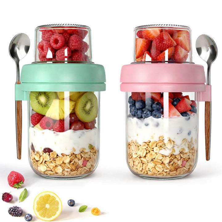 Müslibecher to Go 480ml+120ml, Overnight Oats Glas mit Deckel, Joghurtbecher to Go mit Trocken und N