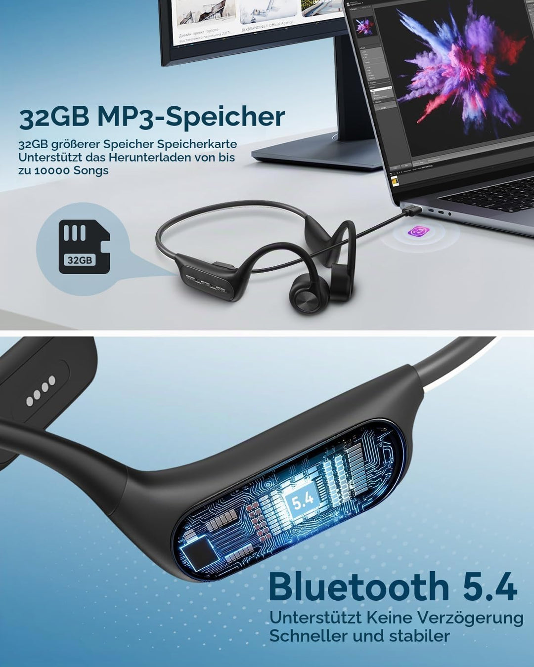 Wantek Kopfhörer Schwimmen,Knochenschall Kopfhörer Bluetooth,IP68 wasserdichte BC3-WANTEK-B1, BC3-WA