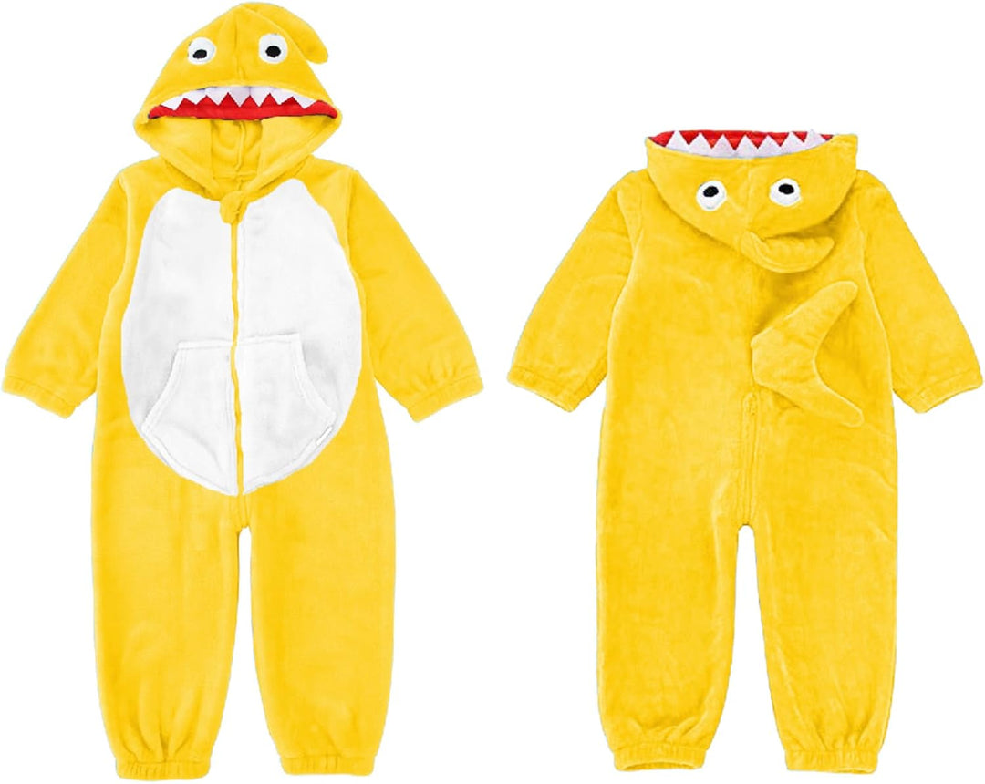LOLANTA Kinder Hai Kostüm, Jungen Tier Flanell Strampler Overall mit Kapuze 4-6 Jahre Gelb, 4-6 Jahr