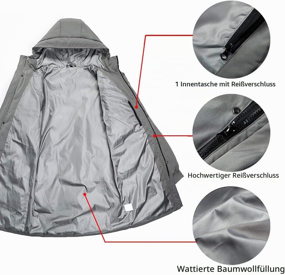 Herren Winterjacke Warm Lang Warme Atmungsaktiv Jacken Outdoor Coat mit Kapuze, S Grau
