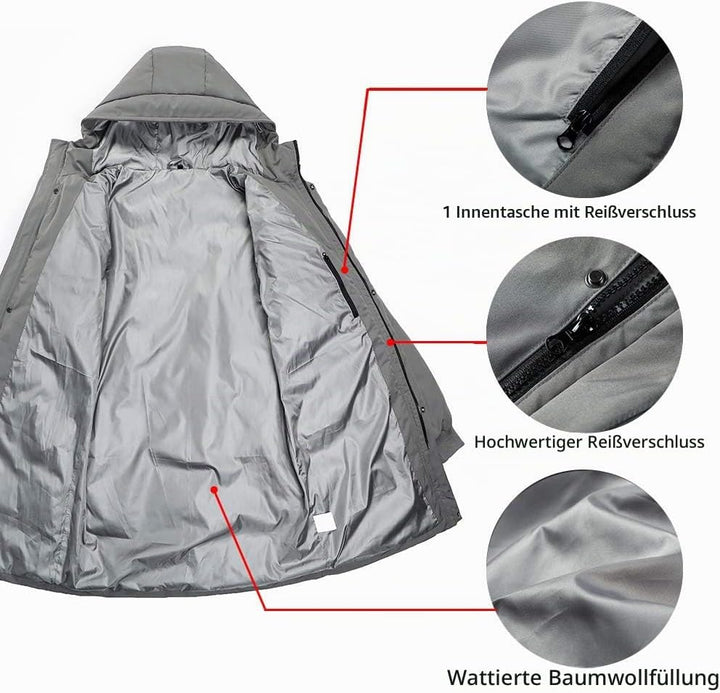 Herren Winterjacke Warm Lang Warme Atmungsaktiv Jacken Outdoor Coat mit Kapuze, S Grau