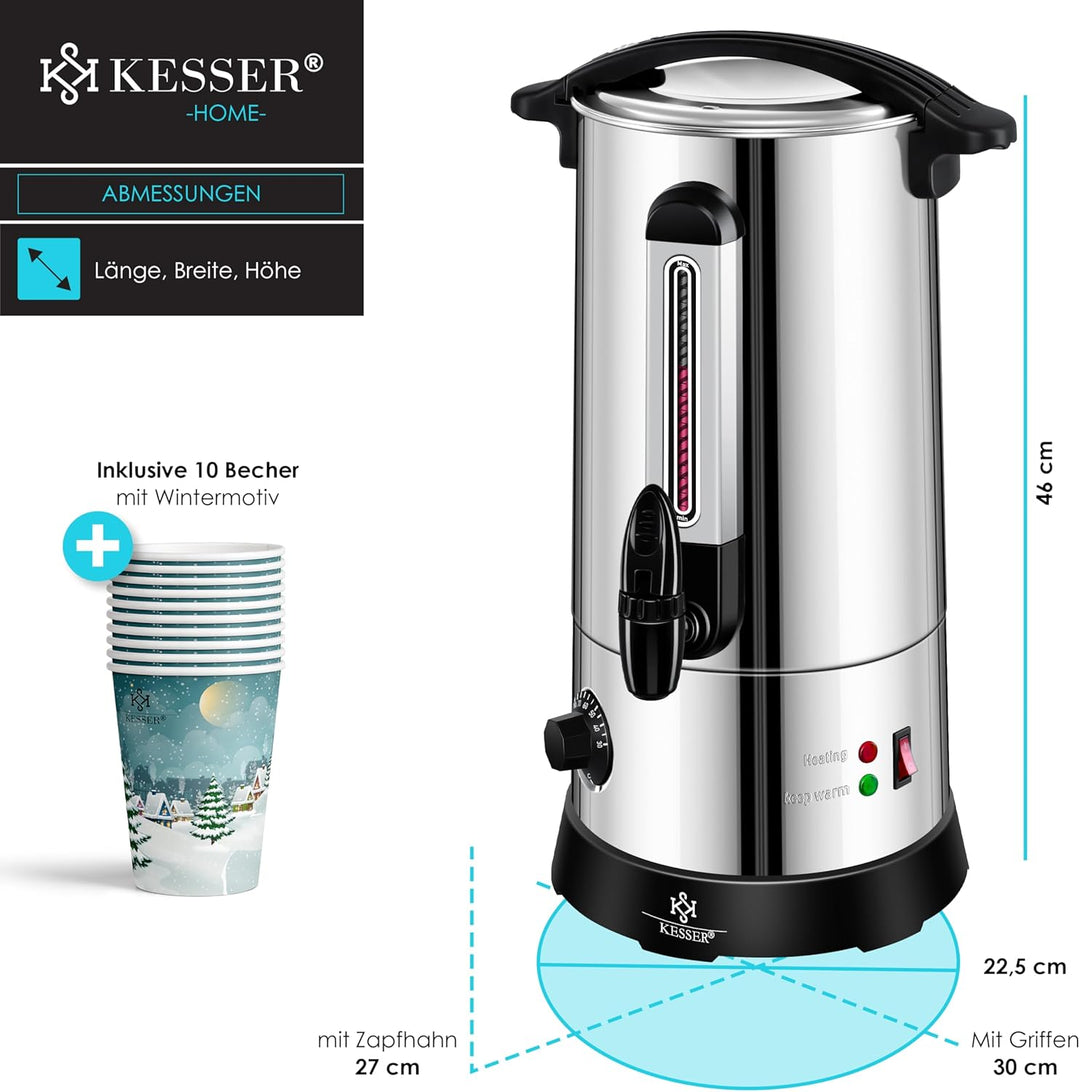 KESSER® Glühweinkessel 10L Edelstahl Inkl. 10x Becher Glühweinkocher mit Thermostat Glühweinautomat