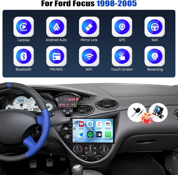 CAMECHO 4+64G Android 15 Autoradio 9 Zoll für Ford Focus1998-2005 mit Rückfahrkamera, IPS Touchscree